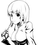  1girl bangs blunt_bangs breasts candy closed_mouth commentary_request eyebrows_visible_through_hair food greyscale holding holding_candy holding_food holding_lollipop kula_diamond lollipop long_sleeves looking_at_viewer medium_hair monochrome okyou simple_background smile solo swirl_lollipop the_king_of_fighters upper_body white_background 