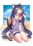  1girl animal_ear_fluff animal_ears bangs bare_legs bare_shoulders bikini bikini_under_clothes black_hair blue_sky blush border bracelet breasts bubble1995 cat_ears cat_girl cat_tail cleavage closed_mouth collarbone day eyebrows_visible_through_hair eyewear_on_head fang flower front-tie_bikini front-tie_top full_body green_eyes hair_flower hair_ornament highres innertube jacket jewelry karyl_(princess_connect!) kneeling long_hair looking_at_viewer low_twintails mouth_hold multicolored_hair navel open_clothes open_fly open_jacket open_shorts outside_border princess_connect! purple_bikini purple_jacket short_shorts shorts skin_fang sky small_breasts smile solo streaked_hair sunglasses swimsuit tail thigh_strap toeless_footwear twintails two-tone_hair very_long_hair white-framed_eyewear white_border white_flower white_footwear white_hair white_shorts 