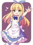  1girl :d alice_in_wonderland apron arm_up blonde_hair blue_bow blue_dress blue_hairband blue_ribbon blush border bow collared_dress dress frilled_apron frilled_dress frills green_eyes hair_ribbon hairband heart highres long_hair looking_at_viewer open_mouth original puffy_short_sleeves puffy_sleeves purple_background ribbon short_sleeves smile solo striped_clothes striped_thighhighs thighhighs tsukimi_shokudouki very_long_hair white_apron white_border yukinagi 