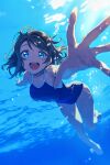  1girl abs104a blue_eyes blush brown_hair bubble highres looking_at_viewer love_live! love_live!_sunshine!! one-piece_swimsuit reaching reaching_towards_viewer short_hair smile solo swimsuit thighs underwater watanabe_you wavy_hair 