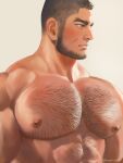  1boy abs bara chest_hair closed_mouth facial_hair golden_kamuy large_pectorals long_sideburns male_focus mature_male muscular muscular_male nipples nopinzo pectorals scar scar_on_cheek scar_on_face sideburns simple_background solo tanigaki_genjirou twitter_username white_background 