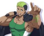  1boy bad_id bad_twitter_id bara black_hair blush covered_abs dark-skinned_male dark_skin facial_hair goatee green_hair holding holding_microphone jacket jacket_on_shoulders large_pectorals male_focus mature_male microphone multicolored_hair muscular muscular_male pectoral_cleavage pectorals pointing pointing_at_viewer short_hair sideburns sidepec smile solo taurus_mask tokyo_afterschool_summoners two-tone_hair upper_body wrestling_outfit youkami 