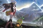  1girl black_legwear black_shirt boots dawn_(pokemon) gonzarez highres miniskirt mountain over-kneehighs pink_skirt pokemon pokemon_(creature) pokemon_(game) pokemon_dppt scarf shirt skirt sleeveless sleeveless_shirt thighhighs turtwig 