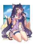  1girl animal_ear_fluff animal_ears bangs bare_legs bare_shoulders bikini bikini_under_clothes black_hair blue_sky blush border bracelet breasts bubble1995 cat_ears cat_girl cat_tail cleavage closed_mouth collarbone day eyebrows_visible_through_hair eyewear_on_head fang flower front-tie_bikini front-tie_top full_body green_eyes hair_flower hair_ornament highres innertube jacket jewelry karyl_(princess_connect!) kneeling long_hair looking_at_viewer low_twintails mouth_hold multicolored_hair navel open_clothes open_fly open_jacket open_shorts outside_border princess_connect! purple_bikini purple_jacket short_shorts shorts skin_fang sky small_breasts smile solo streaked_hair sunglasses swimsuit tail thigh_strap toeless_footwear twintails two-tone_hair very_long_hair white-framed_eyewear white_border white_flower white_footwear white_hair white_shorts 