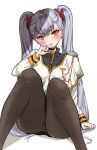  1girl black_legwear black_skirt capelet chigasaki_yukari feet_out_of_frame hair_bobbles hair_ornament hoshino_ruri kidou_senkan_nadesico kidou_senkan_nadesico_-_prince_of_darkness looking_at_viewer pantyhose pencil_skirt silver_hair simple_background sitting skirt solo twintails uniform white_background white_capelet yellow_eyes 