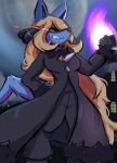  alternate_species angry anthro black_clothing blonde_hair blue_body blue_fur clothing cynthia_(pokemon) dapuffster female fur generation_4_pokemon hair hi_res lucario nintendo pokemon pokemon_(species) pokemon_champion red_eyes solo 