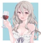  1girl alcohol alternate_costume blue_background blush breasts cleavage collarbone cup dress drinking_glass highres holding holding_cup kantai_collection kukimaru large_breasts long_hair looking_at_viewer open_mouth pola_(kancolle) smile solo strapless strapless_dress upper_body white_background white_dress wine wine_glass 