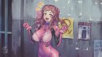  bodysuit breasts brown_hair byackopath_(artist) commentary_request cosplay covered_nipples cowboy_shot film_grain hands_up highres impossible_bodysuit impossible_clothes interface_headset iron_bars komiya_nikuru_(byackopath) large_breasts long_hair looking_at_viewer neon_genesis_evangelion no_symbol notice_lines open_mouth orange_eyes original pink_bodysuit plugsuit poster_(object) sidelocks signature skin_tight smile standing translation_request two_side_up w_arms 