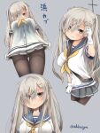  1girl akino_shuu black_pantyhose blue_sailor_collar blush buttons closed_mouth conte_di_cavour_(kancolle) cosplay gloves grey_background grey_skirt hair_ornament hair_over_one_eye hairclip hamakaze_(kancolle) hamakaze_(kancolle)_(cosplay) kantai_collection multiple_views pantyhose parted_lips pleated_skirt sailor_collar school_uniform serafuku short_sleeves simple_background skirt twitter_username white_gloves 