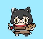 :3 affea animal_humanoid biped black_body black_fur black_hair blue_background bowl cat_humanoid chibi closed_smile clothed clothing container cutlery delicious_in_dungeon felid felid_humanoid feline feline_humanoid female food_on_face fur hair humanoid inner_ear_fluff izutsumi_(delicious_in_dungeon) kitchen_utensils mammal mammal_humanoid mouth_closed multicolored_body multicolored_fur pupils simple_background slit_pupils smile solo spoon tail tools tuft two_tone_body two_tone_fur white_body white_fur yellow_eyes