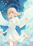  1girl angel angel_wings bare_shoulders blonde_hair blue_eyes cloud cloudy_sky dated detached_sleeves dress feathered_wings floating_hair highres k.nishiyama looking_at_viewer medium_hair open_mouth original signature sky solo standing sundress teeth upper_teeth_only white_wings wings 