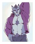  2024 abs anthro barazoku big_muscles biped blue_body blue_fur body_hair canid canine canis chest_hair countershading fur happy_trail hi_res inner_ear_fluff kingarthur_i looking_at_viewer male mammal muscular muscular_anthro muscular_male pecs pubes raised_arm red_eyes simple_background solo teeth tuft white_body white_countershading wolf 