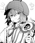  1girl absurdres akimaki_yuu alternate_headwear bangs beret closed_mouth foul_detective_satori greyscale hat highres holding holding_magnifying_glass komeiji_satori long_sleeves looking_at_viewer magnifying_glass monochrome short_hair simple_background solo third_eye touhou upper_body wide_sleeves 