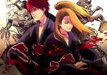  2boys akatsuki_(naruto) akatsuki_uniform bangs black_hair black_kimono blonde_hair blood blood_splatter blue_eyes closed_mouth deidara_(naruto) hair_over_one_eye highres holding holding_sword holding_weapon japanese_clothes katana kimono long_sleeves long_tongue looking_to_the_side male_focus mouth_hold multiple_boys naruto_(series) naruto_shippuuden nose_piercing nose_ring oni piercing red_hair sasori_(naruto) scroll smile sword tongue weapon yi_(199702090505) 