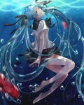  1girl 2015 barefoot black_bow black_bowtie black_ribbon black_sailor_collar black_skirt blue_hair blurry blurry_foreground bottle_miku bow bowtie collared_shirt commentary dated fish floating_hair from_side green_eyes hair_ribbon hatsune_miku highres long_hair miniskirt na_yeon parted_lips pleated_skirt ribbon sailor_collar sailor_shirt shirt skirt solo twintails underwater very_long_hair vocaloid white_shirt 