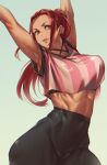 1girl abs armpits arms_up breasts highres large_breasts long_hair midriff mikel_(4hands) muscular muscular_female orange_eyes original pants red_hair smile solo striped_clothes tank_top tight_clothes tight_pants white_background 