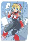  1girl alia_(mega_man) android blonde_hair blue_eyes bodysuit breasts gloves headset helmet looking_at_viewer mega_man_(series) mega_man_x_(series) open_mouth oyster_(artist) robot_ears short_hair solo white_gloves 