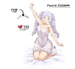  1girl barefoot bed breasts closed_eyes drill_hair elf frieren heart jk_arts kneeling long_hair meme negligee nightgown pointy_ears signature sleepy sousou_no_frieren strap_slip stretching twin_drills twintails twitter_strip_game_(meme) twitter_username white_hair white_negligee 