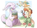  breloom bug closed_eyes dragon dragonite flower fly flygon goodra grass head_wreath headband highres holding holding_hose hose knhb_tail no_humans open_mouth petals plant pokemon pokemon_(creature) scarf sitting sky smile standing water 