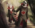  2boys akatsuki_(naruto) akatsuki_uniform dark-skinned_male dark_skin forehead forehead_protector full_body green_eyes hidan_(naruto) highres holding holding_another&#039;s_arm holding_paper jewelry kakuzu_(naruto) long_hair long_sleeves male_focus mask mouth_mask multiple_boys naruto_(series) naruto_shippuuden necklace ninja ninja_mask open_mouth outdoors paper purple_eyes ring sandals scythe toes tree weapon weapon_on_back white_hair yi_(199702090505) 