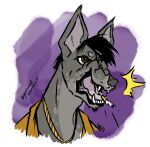  2023 anthro anthrofied artist_name barking black_hair brown_eyes bust_portrait canid canine canis cigarette cigarette_in_mouth clothing digital_drawing_(artwork) digital_media_(artwork) domestic_dog eye_patch eyewear fangs gold_(metal) gold_jewelry gold_necklace gold_suit goro_majima grey_body grey_inner_ear grey_skin hair hairless hairless_dog hi_res jewelry male mammal multicolored_body multicolored_skin necklace object_in_mouth open_mouth portrait primitive_dog purple_background purple_tongue short_hair signature simple_background solo suit teeth tongue xoloitzcuintli yaminoneko 