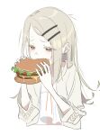  1girl absurdres burger camisole cropped_torso earrings eating food gakuen_idolmaster highres holding holding_burger holding_food idolmaster jewelry light_brown_hair long_hair orange_eyes shinosawa_hiro sidelocks simple_background solo stud_earrings sweatdrop upper_body what_a white_background white_camisole 
