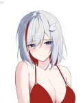  1girl bare_shoulders bikini blue_eyes breasts cleavage collarbone commentary hair_ornament highres honkai:_star_rail honkai_(series) large_breasts looking_at_viewer multicolored_hair red_bikini red_hair simple_background solo streaked_hair swimsuit topaz_(honkai:_star_rail) unfinished upper_body white_background white_hair yeni1871 