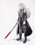  1boy armor black_coat black_footwear black_pants blood blood_on_weapon blue_eyes boots coat final_fantasy final_fantasy_vii grey_hair grey_sweater heikala highres holding holding_sword holding_weapon long_coat long_hair looking_at_viewer looking_to_the_side masamune_(ff7) open_clothes open_coat painting_(medium) pants sephiroth shoulder_armor simple_background solo sweater sword traditional_media watercolor_(medium) weapon white_background 