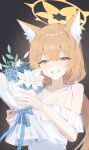  1girl absurdres animal_ear_fluff animal_ears blue_archive blue_eyes blush bouquet cat_ears collarbone dress flower grin halo highres holding holding_bouquet long_hair looking_at_viewer mari_(blue_archive) orange_hair seizou_hidzuke smile solo upper_body white_dress white_flower yellow_halo 