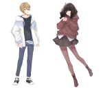  1boy 1girl absurdres black_eyes black_hair boots braid brown_eyes brown_hair commentary full_body highres hood hoodie kotake_8 long_hair long_sleeves mole mole_under_mouth open_mouth original own_hands_together pants ribbed_legwear shoes short_hair side_braid skirt sneakers twin_braids 