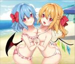  2girls :d ass bangs bare_shoulders bat_wings beach bikini blonde_hair blue_hair blush bow braid breast_press breasts cleavage closed_mouth cloud collarbone commentary_request cowboy_shot crystal day eyebrows_visible_through_hair fang flandre_scarlet french_braid frills hair_between_eyes hair_bow hair_intakes holding_hands horizon incest interlocked_fingers looking_at_viewer medium_breasts medium_hair multiple_girls no_hat no_headwear open_mouth outdoors pointy_ears red_bow red_eyes remilia_scarlet rimu_(kingyo_origin) siblings sisters skin_fang smile swimsuit symmetrical_docking touhou wings yuri 