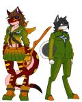 angry anthro bottomwear clothing gemini_the_sergal gloves goo_suit group handwear hi_res holding_object holding_weapon looking_at_viewer male male/male multicolored_body servo117 shape_shifter skirt symbol tail trio weapon wings