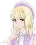  1girl blonde_hair dated fth-0529_(malty) green_eyes highres index_finger_raised lipstick looking_at_viewer makeup medium_hair mizumori_yumeri necktie oshi_ga_budoukan_itte_kuretara_shinu purple_necktie simple_background solo upper_body white_background 