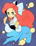  1girl air_bubble ariel_(disney) blue_background blue_bow blue_dress bow bright_pupils bubble cropped_legs dress green_eyes hair_bow inumura_(inu_noya) lipstick long_hair long_sleeves looking_at_viewer makeup red_hair sebastian_(disney) smile the_little_mermaid white_pupils 