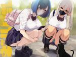  2girls backpack bag bangs bent_over black_cat black_hair blue_eyes breasts cat collared_shirt commentary_request covered_mouth ear_piercing highres large_breasts mask mouth_mask multiple_girls original panties panty_peek piercing satou_daiji school_uniform shirt shoes squatting thick_thighs thighs underwear white_hair 