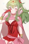  1girl breasts cape cleavage closed_mouth dress fire_emblem fire_emblem_awakening gloves gmais2514 green_eyes green_hair highres long_hair looking_at_viewer one_eye_closed pink_cape pointy_ears ponytail red_dress red_gloves short_dress sleepy solo tiki_(adult)_(fire_emblem) tiki_(fire_emblem) white_background 