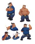  2023 absurd_res anthro bear belly black_nose bottomwear brok_the_investigator brown_body brown_fur clothing cowcat_games exclamation_point eyes_closed fur hat headgear headwear hi_res humanoid_hands laugh male mammal moobs overweight overweight_male pants piti_yindee police police_badge police_hat police_officer police_uniform r.j._(brok_the_investigator) shirt solo surprise topwear uniform 