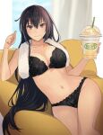  1girl bangs bare_legs black_bra black_hair black_panties blush bra breasts brown_eyes closed_mouth collarbone commentary_request drink drinking_straw eyebrows_visible_through_hair groin hair_between_eyes highres holding holding_drink kantai_collection kasumi_(skchkko) large_breasts long_hair looking_at_viewer nagato_(kancolle) navel panties smile solo towel towel_around_neck underwear 
