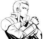  1boy arm_grab closed_mouth commentary_request cyborg greyscale hand_on_own_arm jacket looking_at_viewer male_focus maxima monochrome okyou short_hair sideburns simple_background solo the_king_of_fighters upper_body white_background 