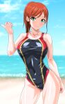  1girl anime_coloring beach black_swimsuit blue_sky breasts brown_hair cloud collarbone commentary_request competition_swimsuit contrapposto cowboy_shot day green_eyes hitchhiking horizon large_breasts long_hair looking_at_viewer monteriakitto ocean one-piece_swimsuit original outdoors shiny sky solo swimsuit thumbs_up 