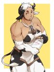  1boy animal_ears animal_print bara bare_shoulders beard black_hair blush body_fur bottle brothers_(ff8) costume_request covered_nipples cow_boy cow_ears cow_horns cow_print cow_tail dark-skinned_male dark_skin facial_hair feet_out_of_frame final_fantasy final_fantasy_v highres holding holding_bottle horns kaniharu large_pectorals long_sideburns looking_at_viewer male_focus manboobs mature_male milk_bottle multicolored_hair muscular muscular_male original pectorals pelvic_curtain personification short_hair sideburns sidepec solo tail thick_thighs thighs two-tone_hair white_hair 
