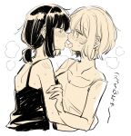  2girls alternate_hairstyle aoba_moca bang_dream! camisole eye_contact french_kiss hand_on_another&#039;s_arm highres kiss looking_at_another mitake_ran monochrome multiple_girls short_hair short_ponytail sketch strap_slip sweat tongue tongue_out upper_body yuri zawameki 
