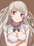  1girl breasts brown_background cleavage cleavage_cutout clothing_cutout commentary_request conte_di_cavour_(kancolle) crossed_arms dress frilled_dress frills gloves grey_eyes highres kantai_collection large_breasts long_hair one-hour_drawing_challenge silver_hair simple_background smile solo two_side_up umibudou upper_body white_dress white_gloves 