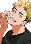  1boy black_shirt blonde_hair gao grin haikyuu!! jersey jrbr_uri looking_at_viewer male_focus miya_atsumu portrait shirt short_hair smile solo teeth undercut watermark yellow_eyes 