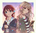  2girls :o black_choker blazer blue_jacket brown_hair brown_jacket choker chromatic_aberration closed_mouth commentary_request girls_band_cry holding holding_microphone iseri_nina jacket kawaragi_momoka light_brown_hair long_hair long_sleeves low_twintails microphone multicolored_hair multiple_girls open_clothes open_jacket open_mouth picture_frame roots_(hair) roudo_(idolnoatm) shirt short_hair short_twintails striped_clothes striped_shirt twintails white_shirt 