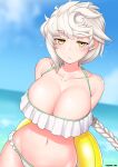  1girl asymmetrical_hair bare_arms bare_shoulders bikini blush braid breasts cleavage closed_mouth collarbone cypress day eyebrows_visible_through_hair huge_breasts kantai_collection long_hair navel ocean single_braid smile solo swimsuit twitter_username unryuu_(kancolle) upper_body very_long_hair white_bikini white_hair yellow_eyes 