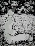  2024 ambiguous_gender canid canine collar detailed_background digital_media_(artwork) falvie feral flower fox fur grass hi_res leash leashed_collar mammal monochrome outside plant signature solo the_fox_(falvie) tree 