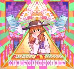  1girl album_cover alison_(alison_airlines) blush brown_hair building cellphone cover english_text flower frown glasses hand_on_own_cheek hand_on_own_face hat illuminati night night_sky phone school_uniform short_twintails sky skyscraper smartphone solo torii touhou twintails usami_sumireko zener_card 