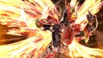  1boy 1girl armor belt bird compound_eyes core_medal fiery_wings fighting_stance fire glowing glowing_eyes helmet highres kamen_rider kamen_rider_ooo kamen_rider_ooo_(series) kuzurx male_focus multiple_wings o_medal phoenix red_armor red_eyes rider_belt shield solo taja_spinner tajador_(ooo_combo) tokusatsu wings 