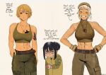  3girls abs azov_battalion breasts brown_gloves cross_tattoo english_text expressionless gloves green_pants green_tank_top looking_at_viewer marichka multiple_girls muscular muscular_female original pants tank_top ukrainian_flag usergore 